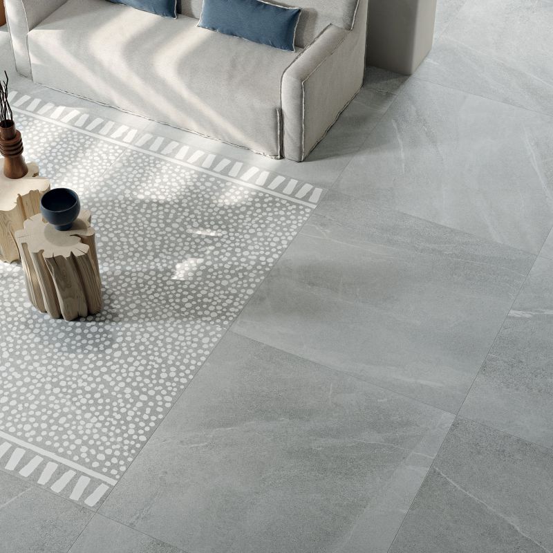 Light grey primitive stone-effect porcelain tile 120x120 cm - CS25073