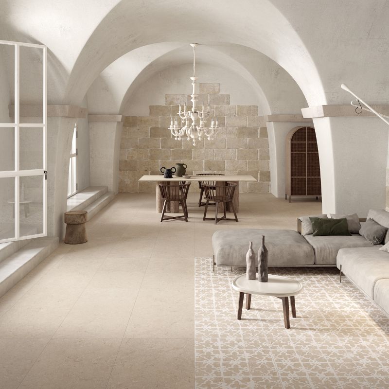 Trani stone-effect porcelain tile beige 120x120 cm - CS25076