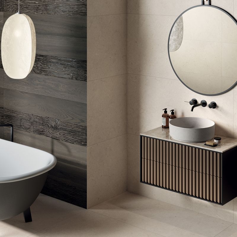 Ivory stone-effect porcelain tile beige 120x120 cm - CS25077