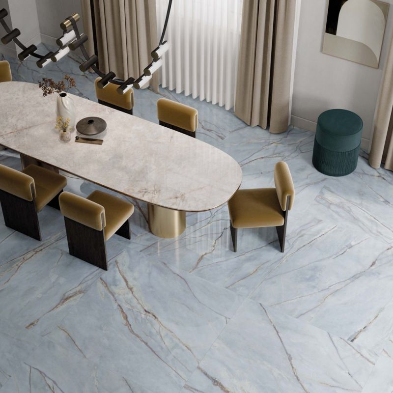 Blue marble-effect porcelain tile with 3D veining, polished, 60x120 cm - CS25053