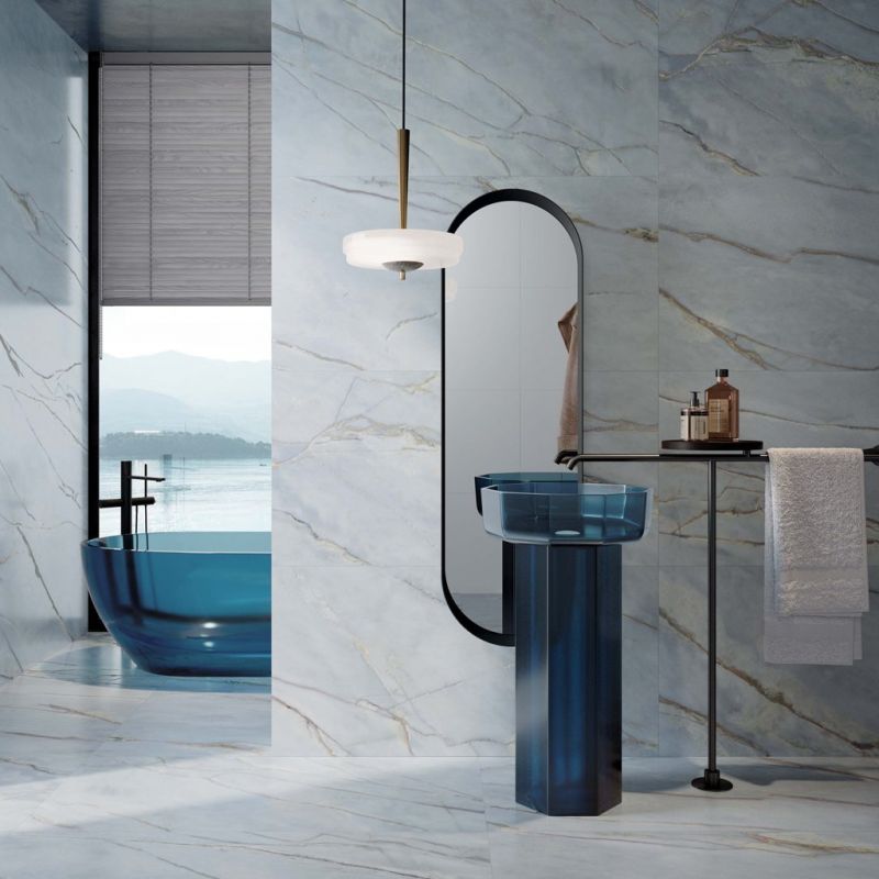 Blue marble-effect porcelain floor tile, matt, 60x120 cm - CS25057