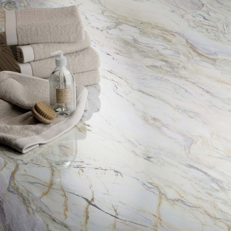 White marble-effect porcelain tile with 3D veining, polished, 60x120 cm - CS25052