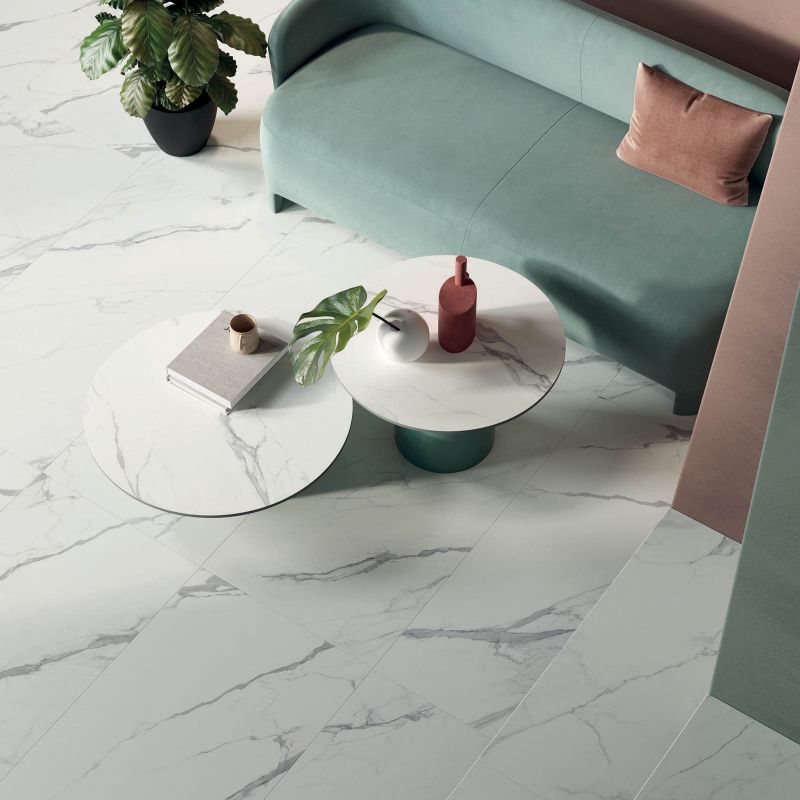 Statuario marble-effect porcelain tile, veined, polished, 60x120 cm - CS25051
