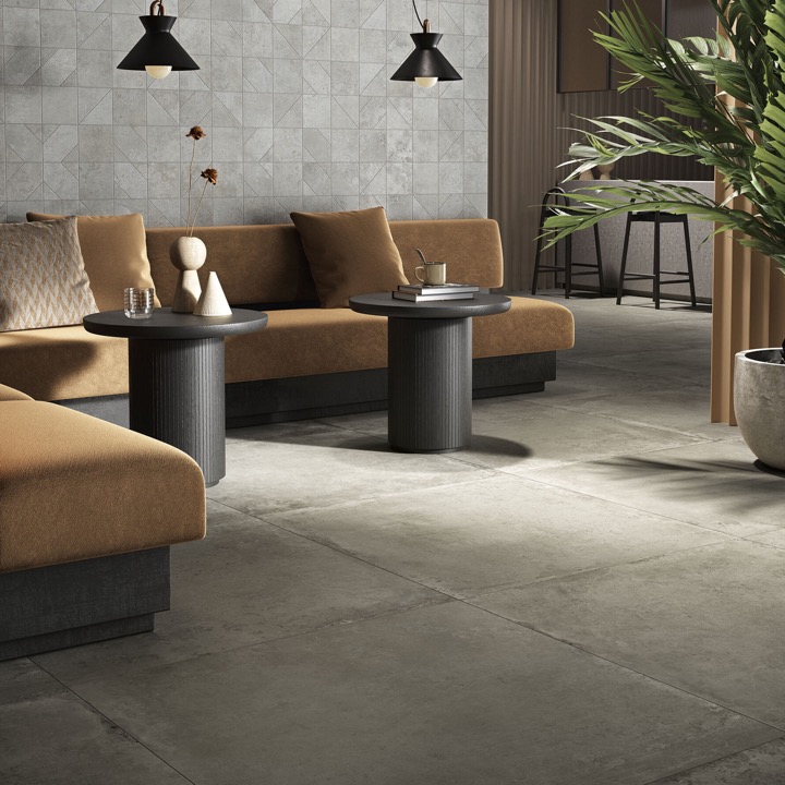 Black industrial concrete-effect porcelain floor tile 100x100 cm - CS25107